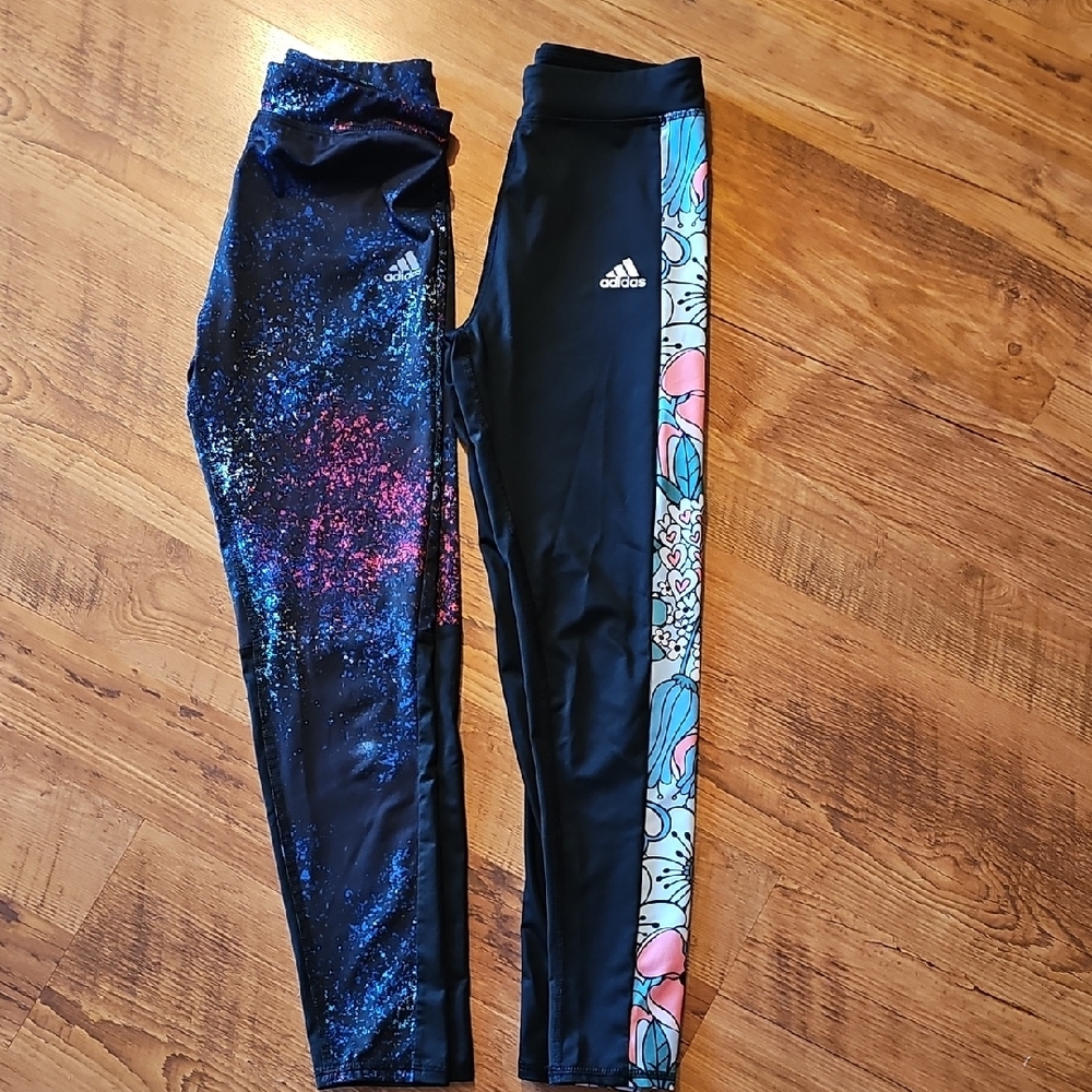 Adidas Kids Black Leggings with Colorful Patterns. Lot Of 2. Both Size 10/12